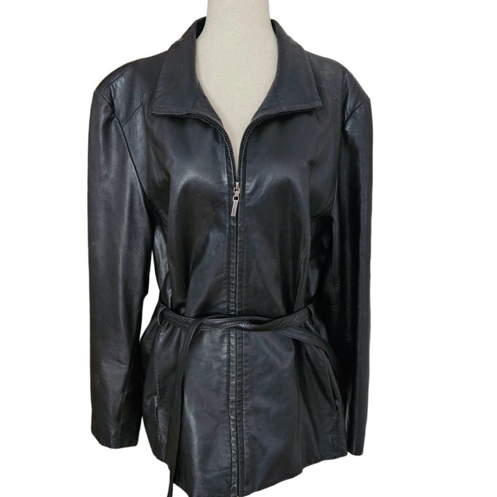 Vintage 90s Black Lambskin Leather Jacket Zipup Tie Belt Patchwork Extra Large